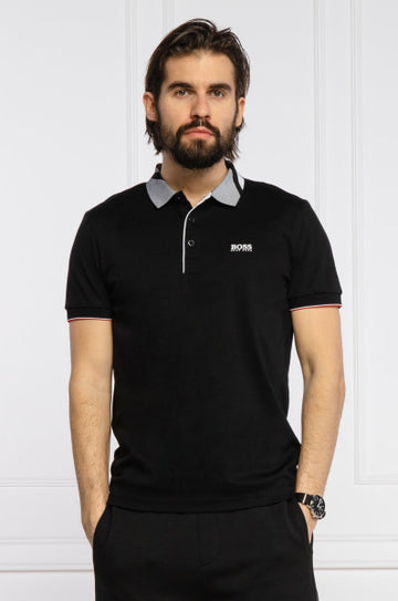 Βαμβακερή μπλούζα POLO μαύρη με μοτίβο στον γιακά