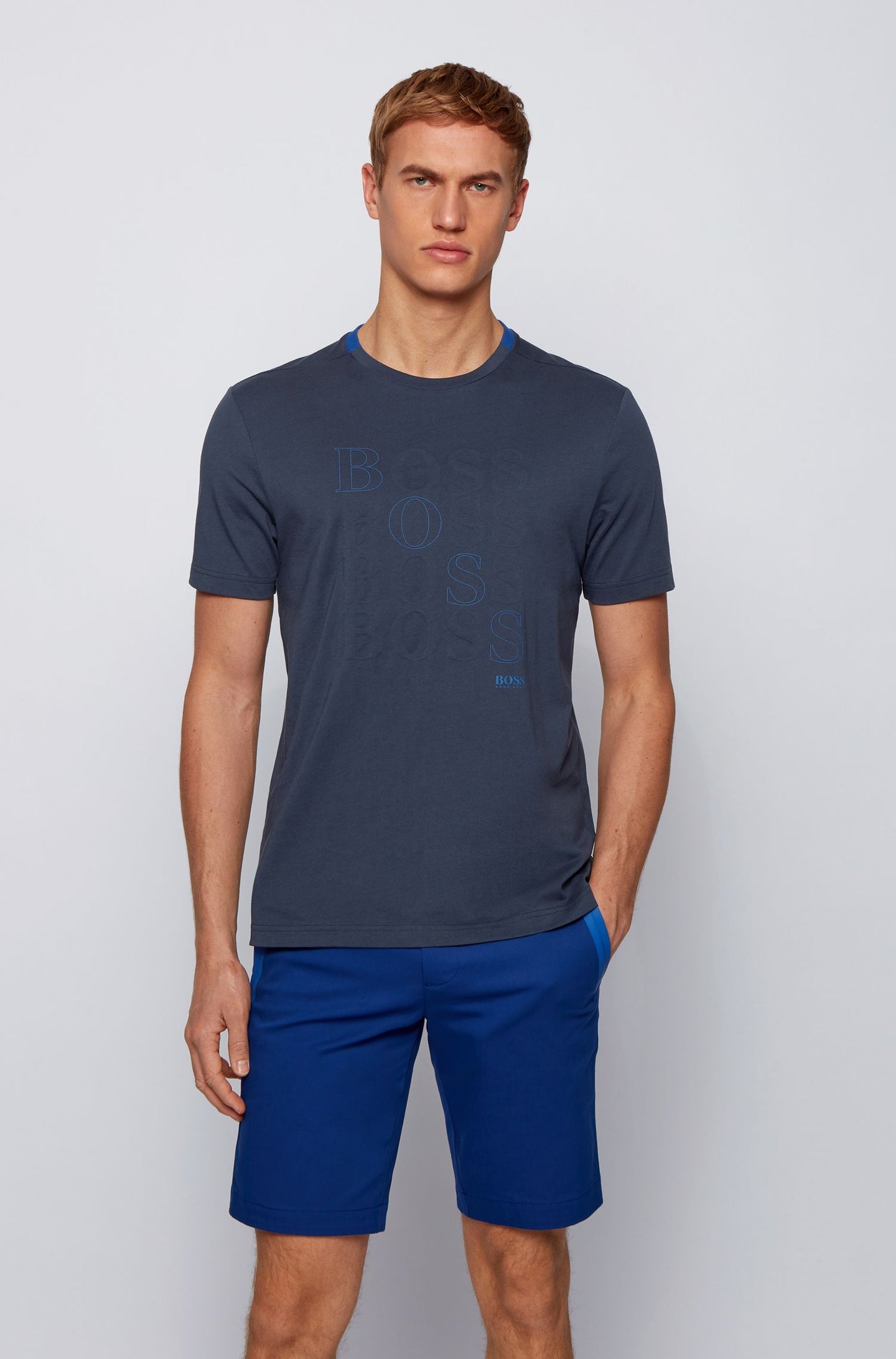 Βαμβακερό μπλουζάκι ΣΚΟΥΡΟ ΜΠΛΕ με λογότυπο BOSS φυσικής χρήσης Bionic®