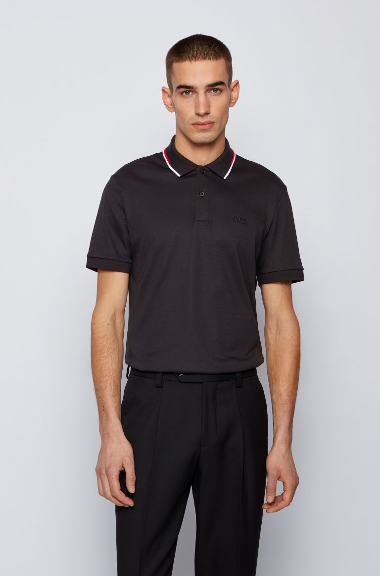 Βαμβακερό μπλουζάκι BOSS με ριγέ γιακά, Μαύρο