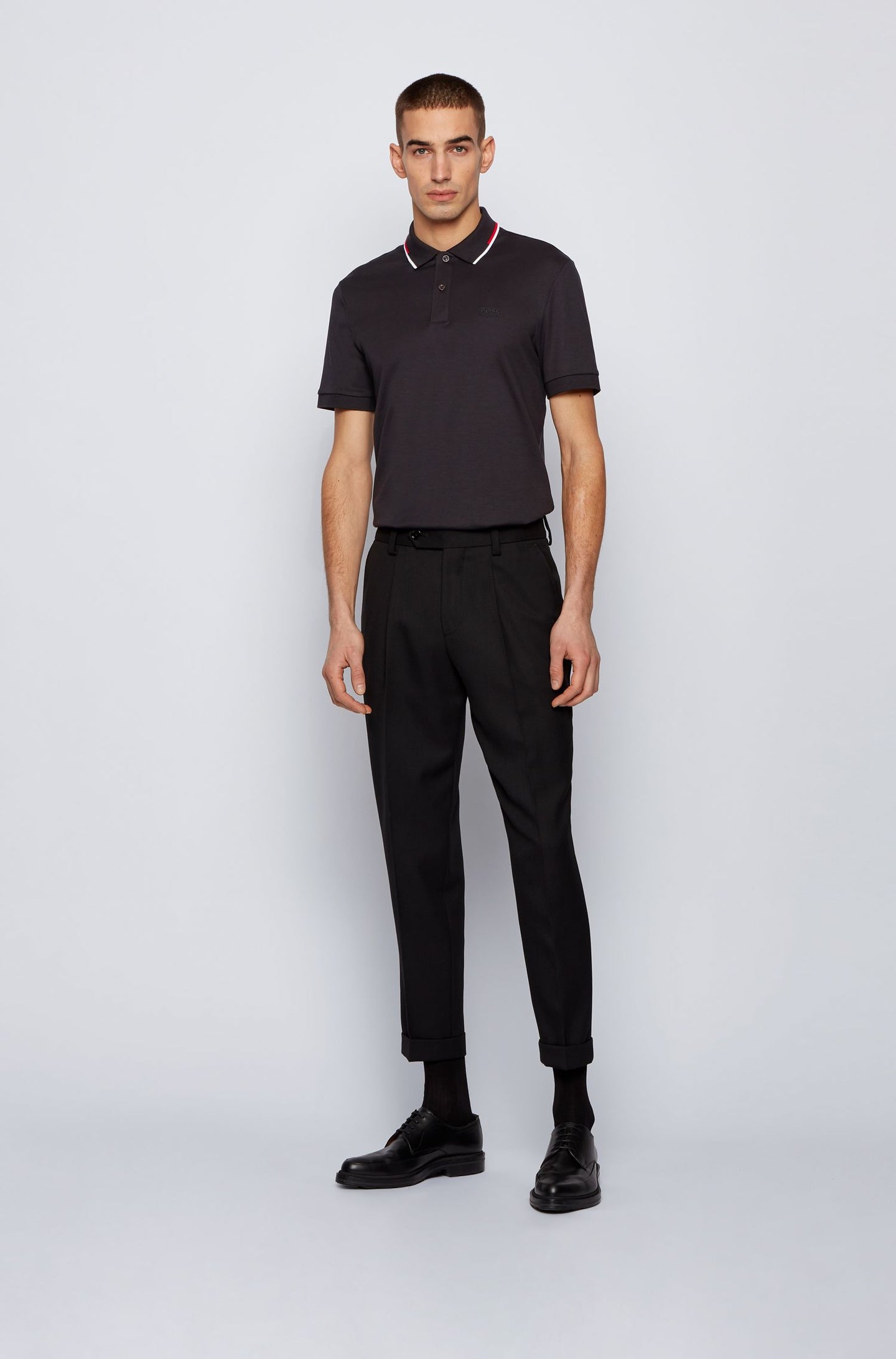 Βαμβακερό μπλουζάκι BOSS με ριγέ γιακά, Μαύρο